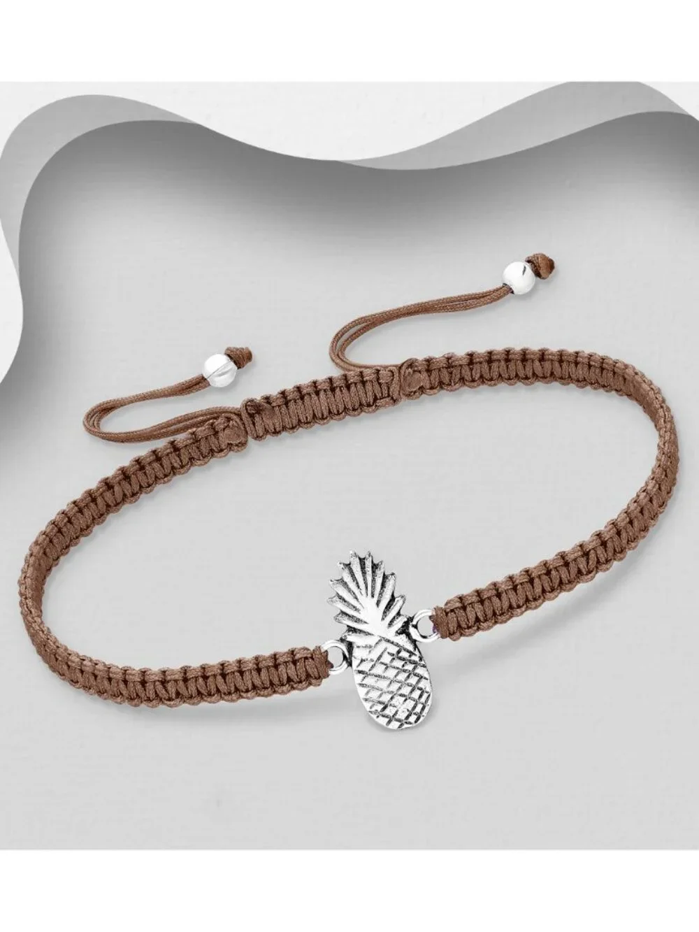 925 Sterling Silver Oxidized Pineapple with Adjustable Thread Bracelet